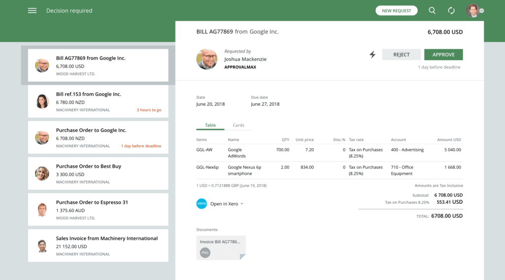 ApprovalMax bill/invoice breakdown with client information