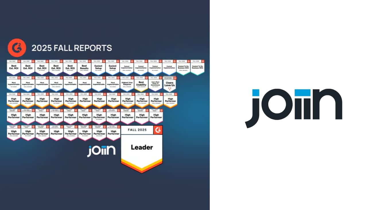Joiin Celebrates 57 G2 Badges, 11 #1 Rankings, and Leader Status in G2’s 2025 Fall Reports logo